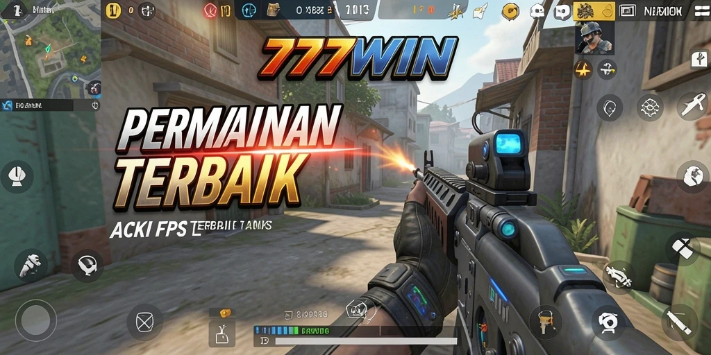 Screenshot 777WIN menampilkan aksi tembak-menembak di medan perang.