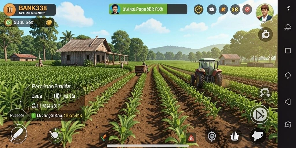 Tampilan gameplay BANK338 menampilkan ladang pertanian yang subur dan interaktive.