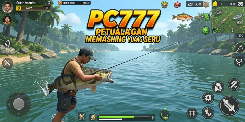 Gameplay PC777 dengan karakter menangkap ikan di perairan yang indah.