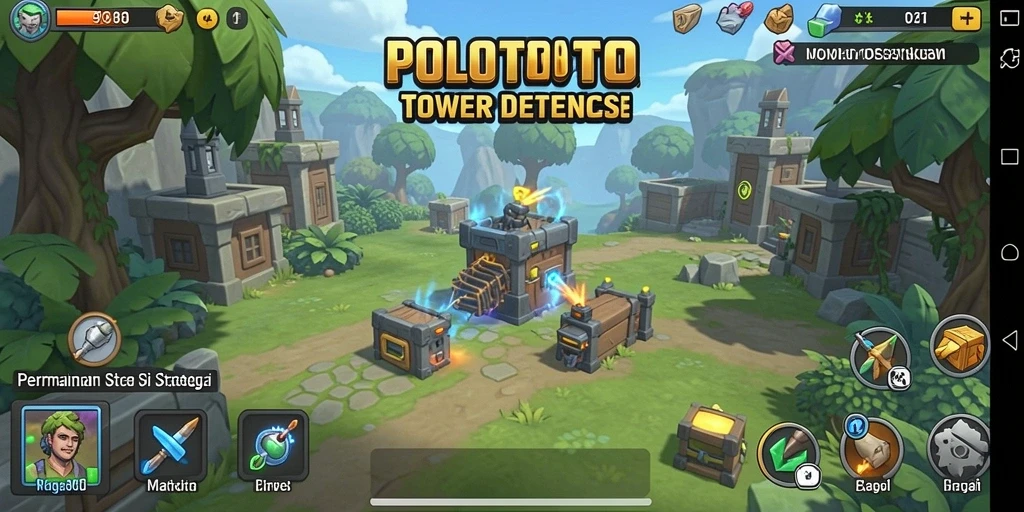 Tampilan gameplay <strong>POLOTOTO</strong> yang penuh aksi dalam pertempuran Tower Defense.