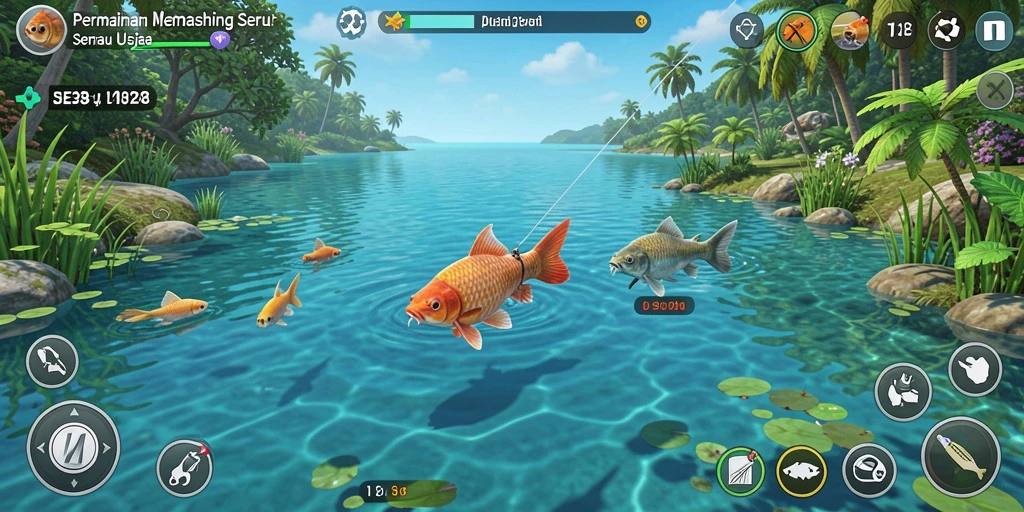 Tampilan gameplay <strong>SE328</strong> saat menangkap ikan di lokasi yang menakjubkan.